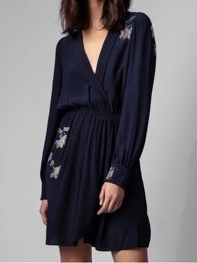 Zadig & Voltaire Navy Blue Remember Strass Long Sleeve Dress Sz XS